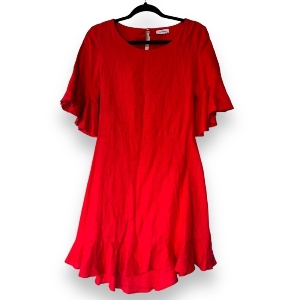 MLM Label Red 100% Linen Open Back Ruffled Flutter Sleeve Mini Dress - Picture 4 of 5